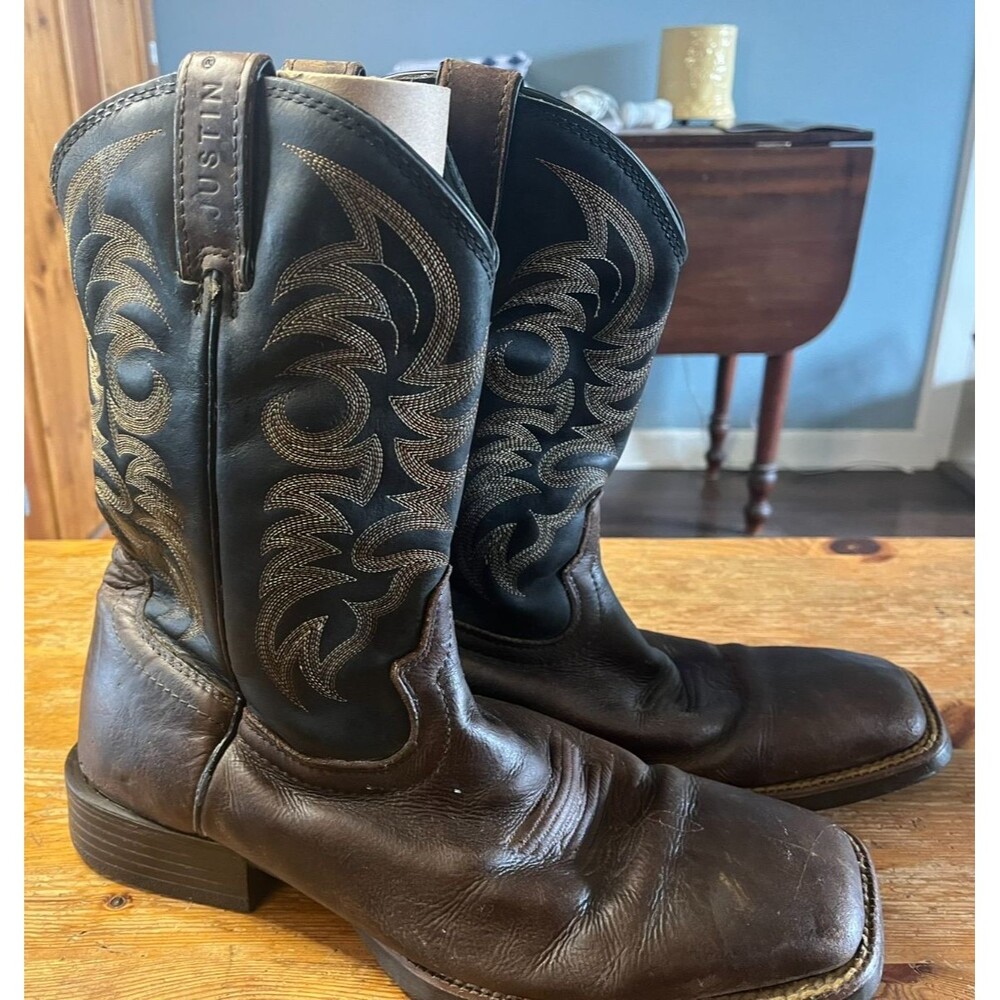 Justin Men’s Chet Brown Boots Cowhide MJ1021 J124 Wide Square Toe 10D